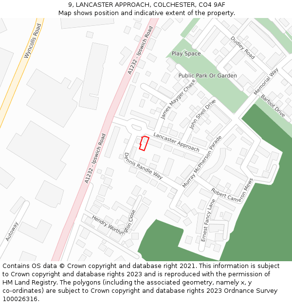 9, LANCASTER APPROACH, COLCHESTER, CO4 9AF: Location map and indicative extent of plot