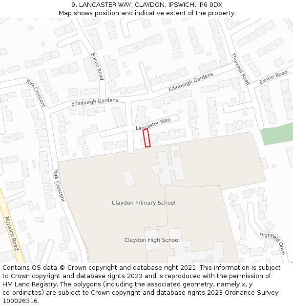 9, LANCASTER WAY, CLAYDON, IPSWICH, IP6 0DX: Location map and indicative extent of plot