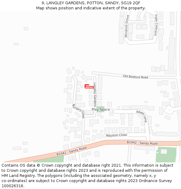 9, LANGLEY GARDENS, POTTON, SANDY, SG19 2QF: Location map and indicative extent of plot