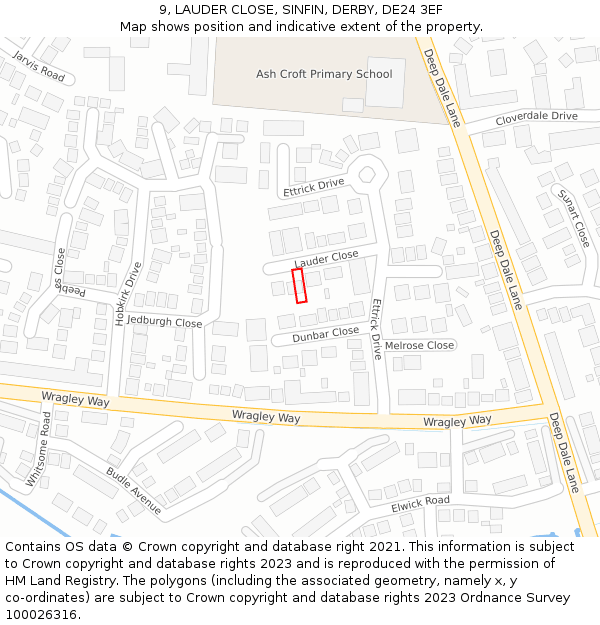 9, LAUDER CLOSE, SINFIN, DERBY, DE24 3EF: Location map and indicative extent of plot