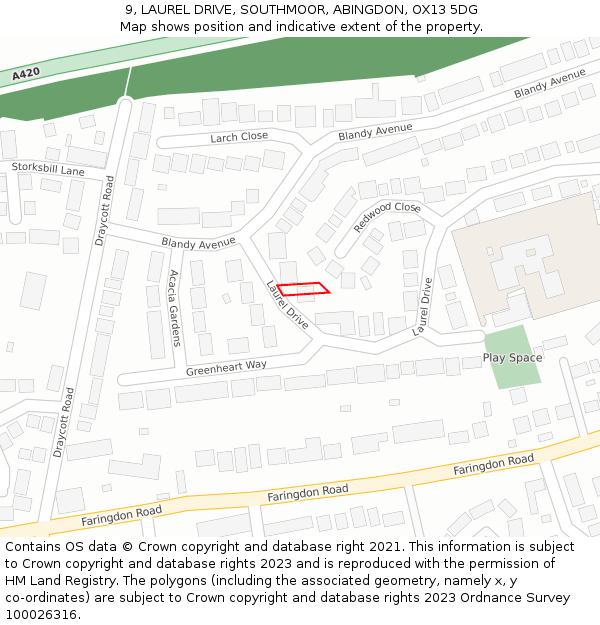 9, LAUREL DRIVE, SOUTHMOOR, ABINGDON, OX13 5DG: Location map and indicative extent of plot