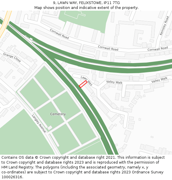 9, LAWN WAY, FELIXSTOWE, IP11 7TG: Location map and indicative extent of plot