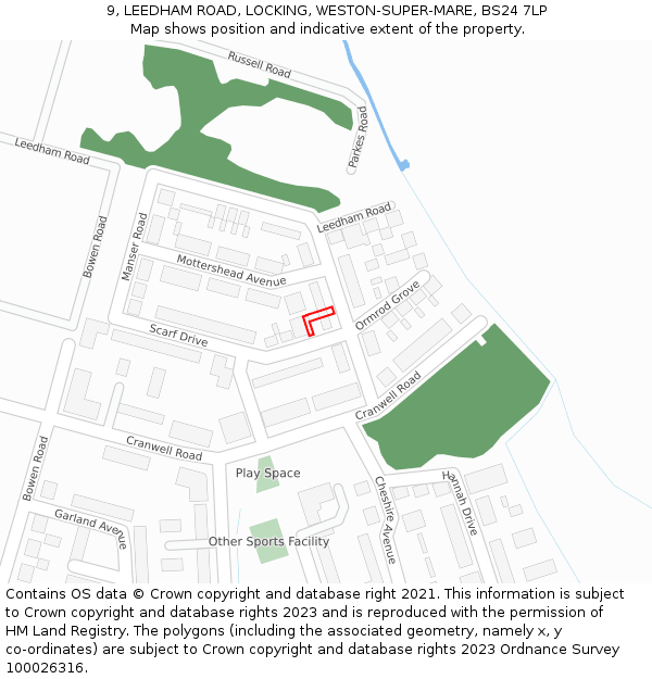 9, LEEDHAM ROAD, LOCKING, WESTON-SUPER-MARE, BS24 7LP: Location map and indicative extent of plot