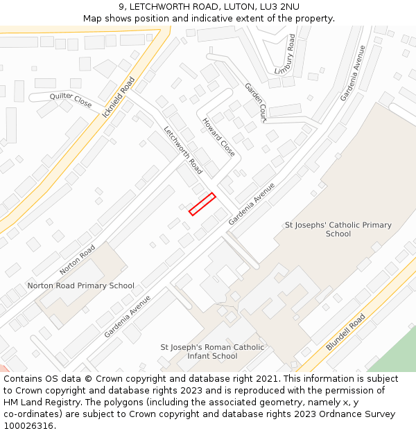 9, LETCHWORTH ROAD, LUTON, LU3 2NU: Location map and indicative extent of plot