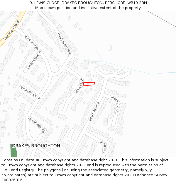 9, LEWIS CLOSE, DRAKES BROUGHTON, PERSHORE, WR10 2BN: Location map and indicative extent of plot