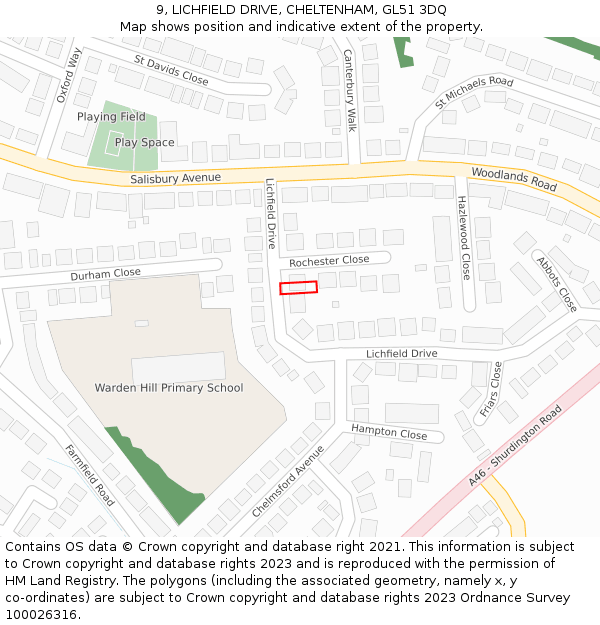 9, LICHFIELD DRIVE, CHELTENHAM, GL51 3DQ: Location map and indicative extent of plot