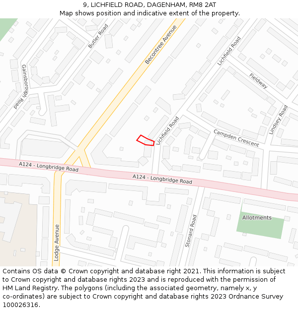 9, LICHFIELD ROAD, DAGENHAM, RM8 2AT: Location map and indicative extent of plot