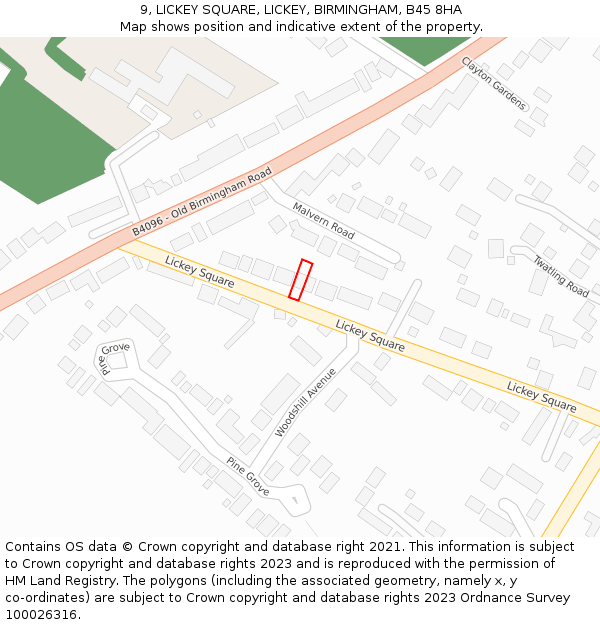 9, LICKEY SQUARE, LICKEY, BIRMINGHAM, B45 8HA: Location map and indicative extent of plot