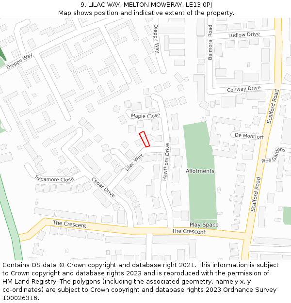 9, LILAC WAY, MELTON MOWBRAY, LE13 0PJ: Location map and indicative extent of plot