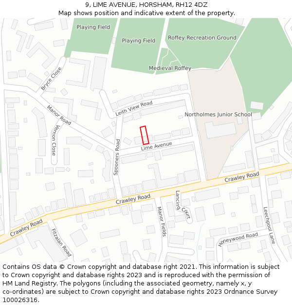 9, LIME AVENUE, HORSHAM, RH12 4DZ: Location map and indicative extent of plot