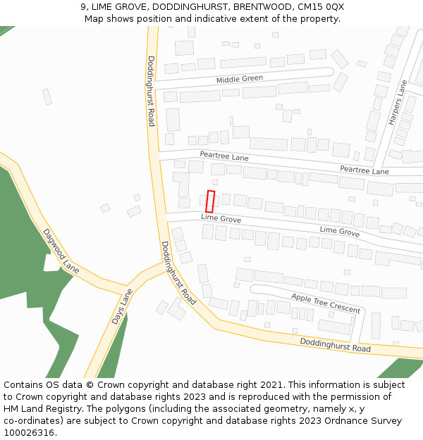 9, LIME GROVE, DODDINGHURST, BRENTWOOD, CM15 0QX: Location map and indicative extent of plot