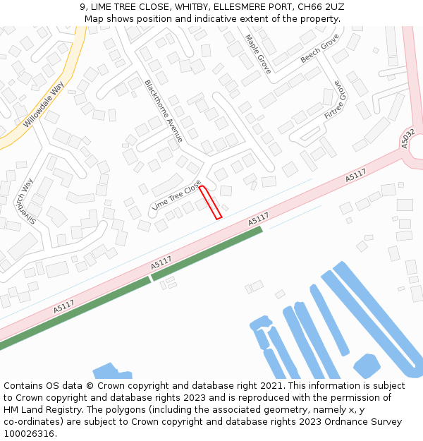 9, LIME TREE CLOSE, WHITBY, ELLESMERE PORT, CH66 2UZ: Location map and indicative extent of plot