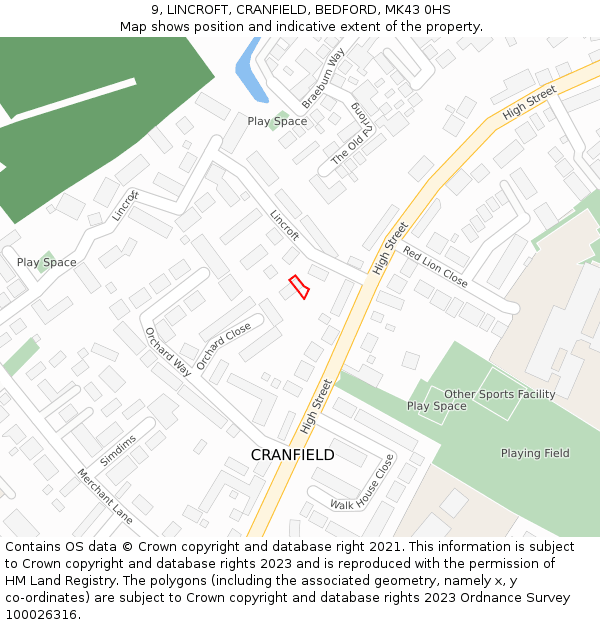 9, LINCROFT, CRANFIELD, BEDFORD, MK43 0HS: Location map and indicative extent of plot