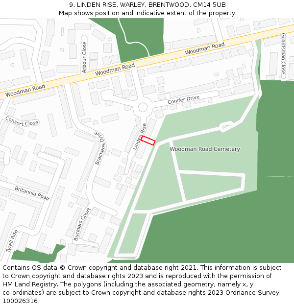 9, LINDEN RISE, WARLEY, BRENTWOOD, CM14 5UB: Location map and indicative extent of plot