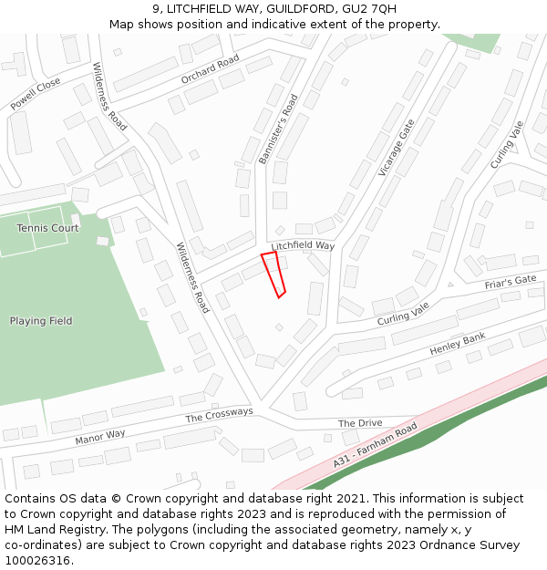 9, LITCHFIELD WAY, GUILDFORD, GU2 7QH: Location map and indicative extent of plot