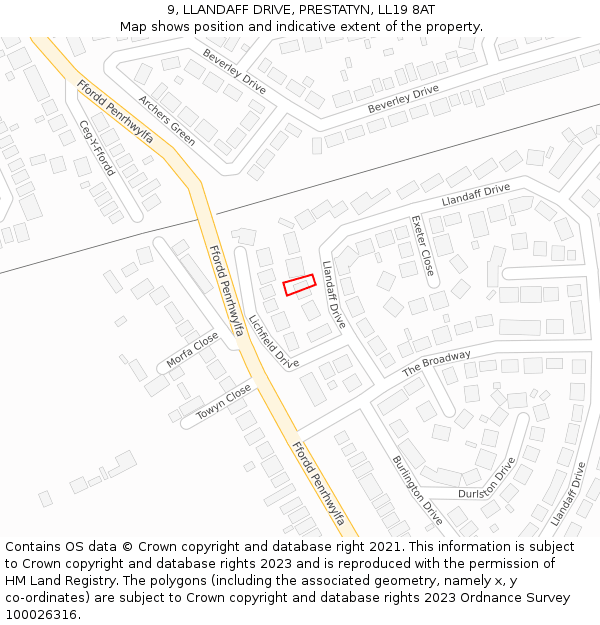 9, LLANDAFF DRIVE, PRESTATYN, LL19 8AT: Location map and indicative extent of plot