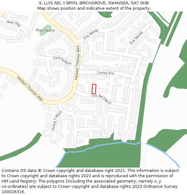 9, LLYS AEL Y BRYN, BIRCHGROVE, SWANSEA, SA7 0HB: Location map and indicative extent of plot