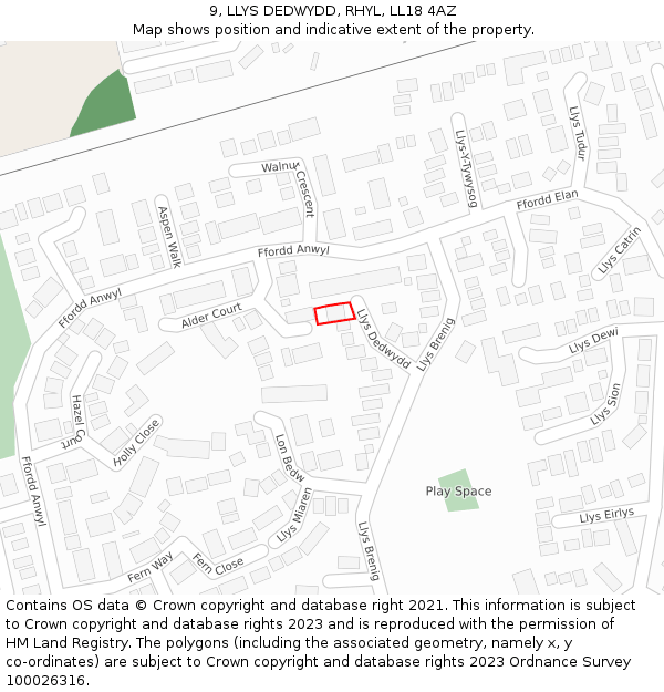 9, LLYS DEDWYDD, RHYL, LL18 4AZ: Location map and indicative extent of plot