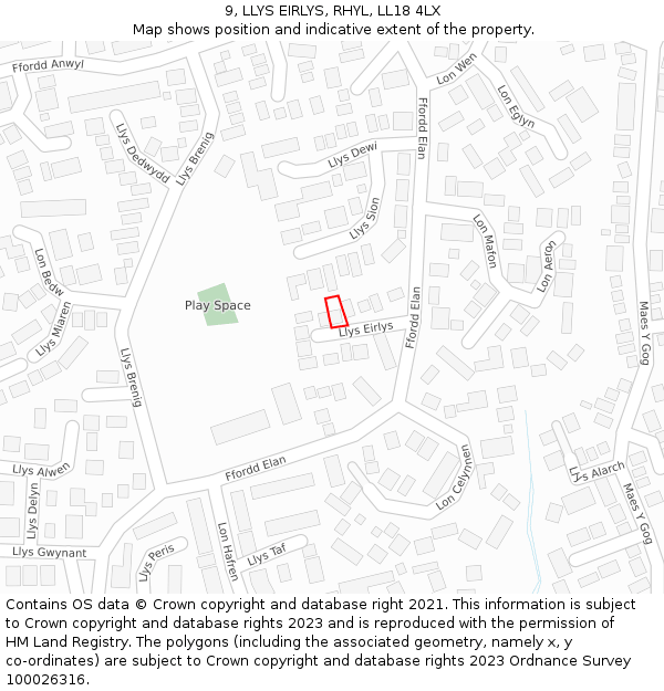 9, LLYS EIRLYS, RHYL, LL18 4LX: Location map and indicative extent of plot