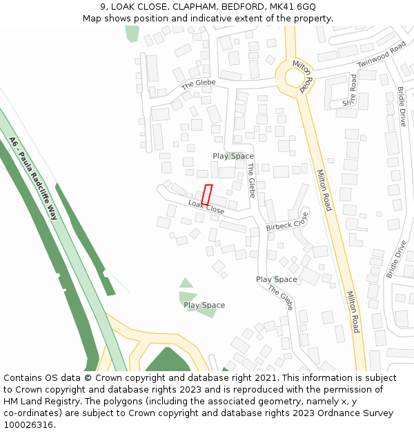 9, LOAK CLOSE, CLAPHAM, BEDFORD, MK41 6GQ: Location map and indicative extent of plot