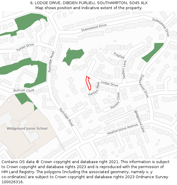 9, LODGE DRIVE, DIBDEN PURLIEU, SOUTHAMPTON, SO45 4LX: Location map and indicative extent of plot