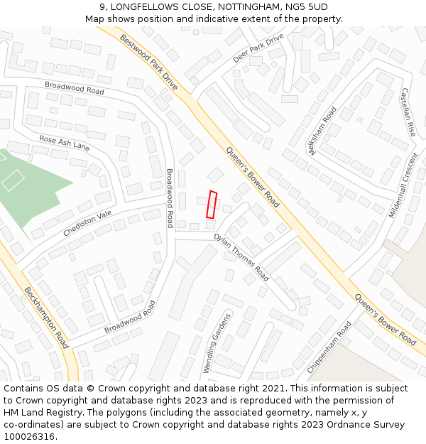 9, LONGFELLOWS CLOSE, NOTTINGHAM, NG5 5UD: Location map and indicative extent of plot