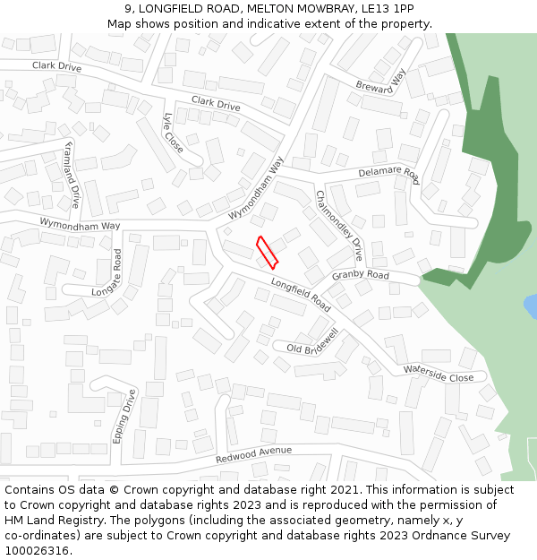 9, LONGFIELD ROAD, MELTON MOWBRAY, LE13 1PP: Location map and indicative extent of plot