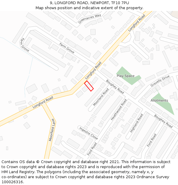 9, LONGFORD ROAD, NEWPORT, TF10 7PU: Location map and indicative extent of plot