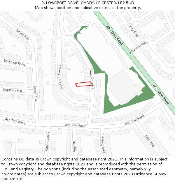 9, LOWCROFT DRIVE, OADBY, LEICESTER, LE2 5UD: Location map and indicative extent of plot