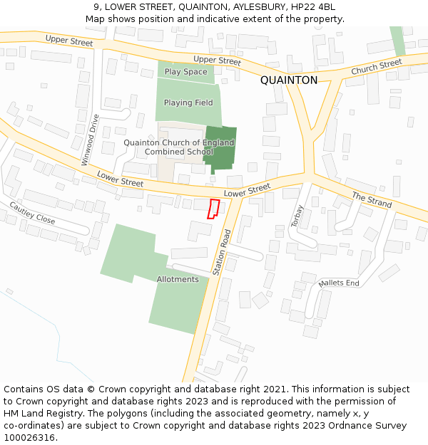 9, LOWER STREET, QUAINTON, AYLESBURY, HP22 4BL: Location map and indicative extent of plot