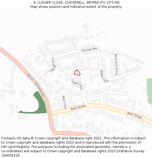 9, LUGGER CLOSE, CHICKERELL, WEYMOUTH, DT3 4PJ: Location map and indicative extent of plot