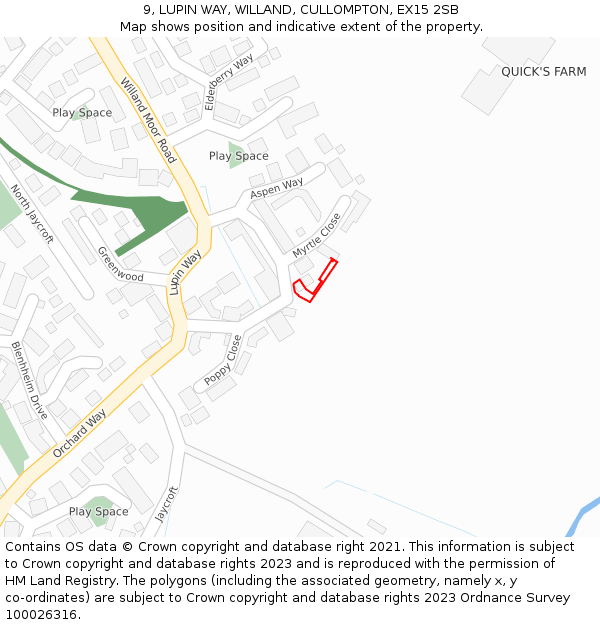 9, LUPIN WAY, WILLAND, CULLOMPTON, EX15 2SB: Location map and indicative extent of plot