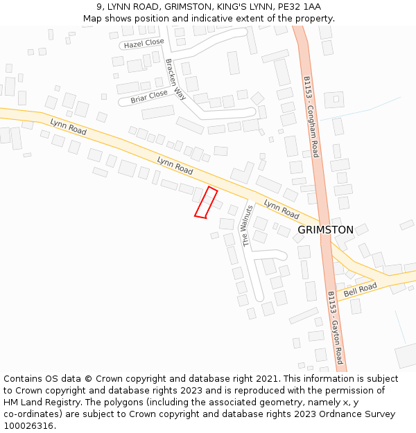 9, LYNN ROAD, GRIMSTON, KING'S LYNN, PE32 1AA: Location map and indicative extent of plot