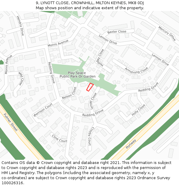 9, LYNOTT CLOSE, CROWNHILL, MILTON KEYNES, MK8 0DJ: Location map and indicative extent of plot