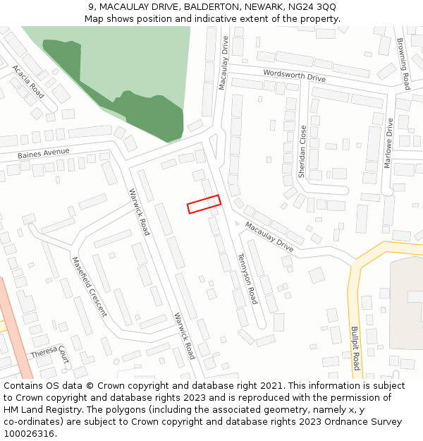 9, MACAULAY DRIVE, BALDERTON, NEWARK, NG24 3QQ: Location map and indicative extent of plot