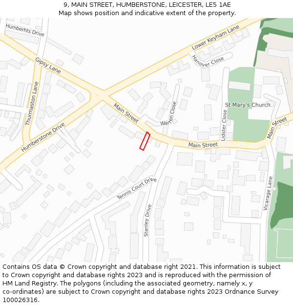 9, MAIN STREET, HUMBERSTONE, LEICESTER, LE5 1AE: Location map and indicative extent of plot