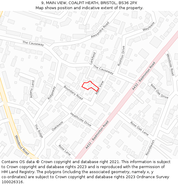 9, MAIN VIEW, COALPIT HEATH, BRISTOL, BS36 2PX: Location map and indicative extent of plot