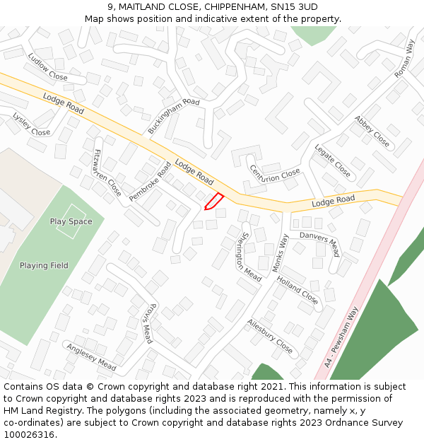 9, MAITLAND CLOSE, CHIPPENHAM, SN15 3UD: Location map and indicative extent of plot