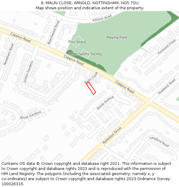 9, MALIN CLOSE, ARNOLD, NOTTINGHAM, NG5 7GU: Location map and indicative extent of plot