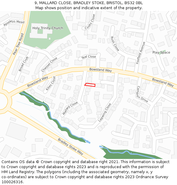 9, MALLARD CLOSE, BRADLEY STOKE, BRISTOL, BS32 0BL: Location map and indicative extent of plot