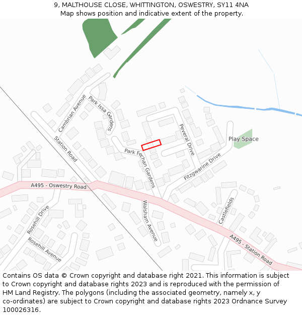 9, MALTHOUSE CLOSE, WHITTINGTON, OSWESTRY, SY11 4NA: Location map and indicative extent of plot