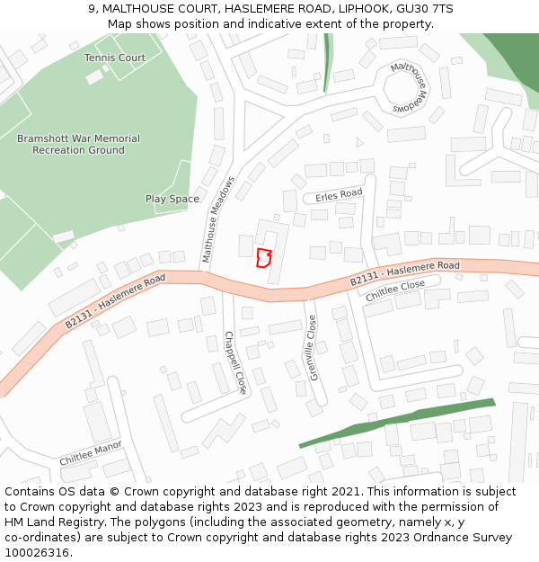 9, MALTHOUSE COURT, HASLEMERE ROAD, LIPHOOK, GU30 7TS: Location map and indicative extent of plot