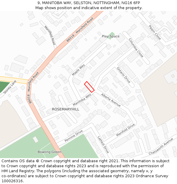 9, MANITOBA WAY, SELSTON, NOTTINGHAM, NG16 6FP: Location map and indicative extent of plot