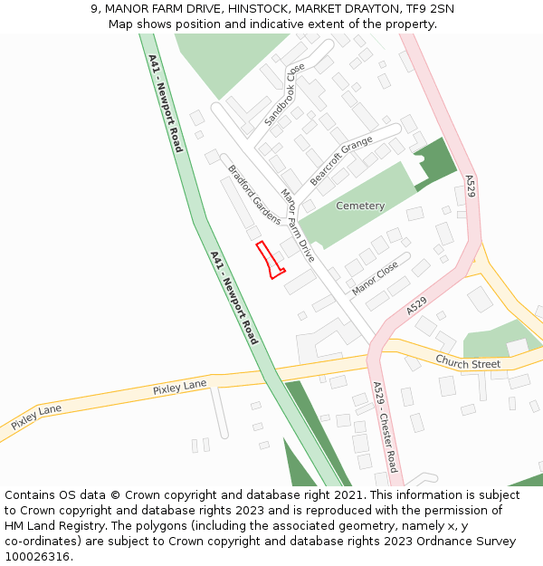 9, MANOR FARM DRIVE, HINSTOCK, MARKET DRAYTON, TF9 2SN: Location map and indicative extent of plot