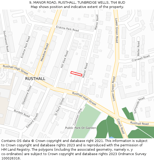 9, MANOR ROAD, RUSTHALL, TUNBRIDGE WELLS, TN4 8UD: Location map and indicative extent of plot