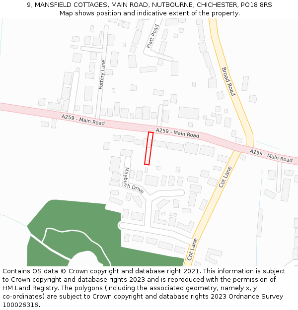 9, MANSFIELD COTTAGES, MAIN ROAD, NUTBOURNE, CHICHESTER, PO18 8RS: Location map and indicative extent of plot