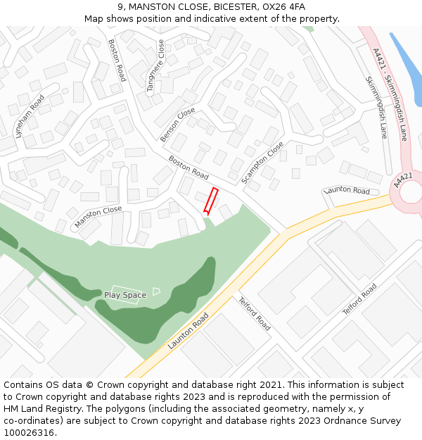 9, MANSTON CLOSE, BICESTER, OX26 4FA: Location map and indicative extent of plot