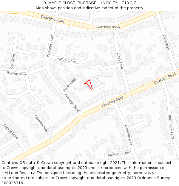 9, MAPLE CLOSE, BURBAGE, HINCKLEY, LE10 2JZ: Location map and indicative extent of plot