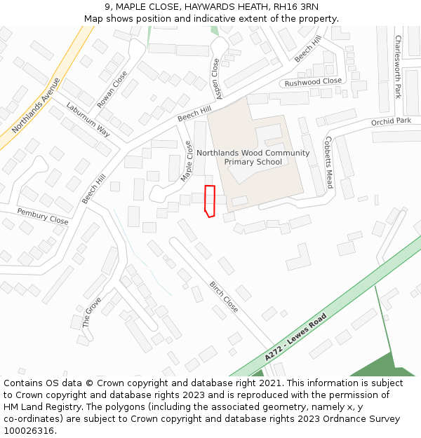 9, MAPLE CLOSE, HAYWARDS HEATH, RH16 3RN: Location map and indicative extent of plot