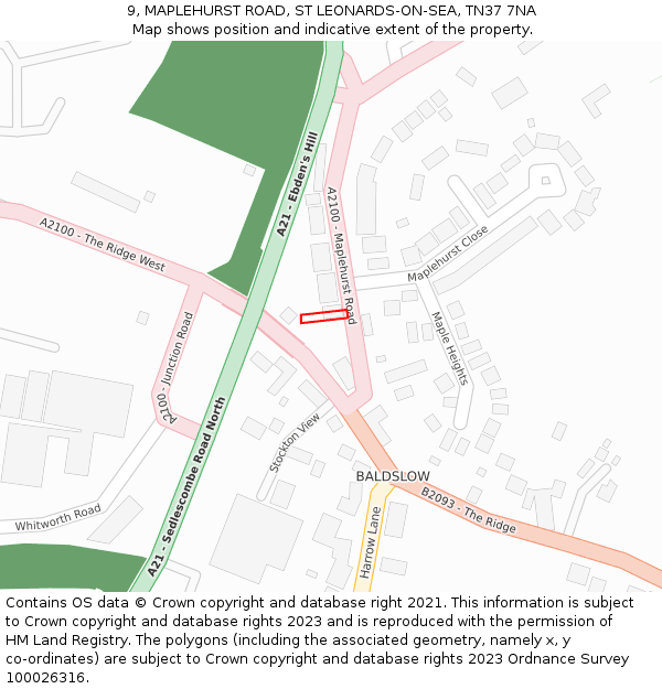 9, MAPLEHURST ROAD, ST LEONARDS-ON-SEA, TN37 7NA: Location map and indicative extent of plot